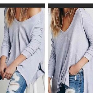 Free people xs top thermal waffle frayed hemlines loose fit vneck worn in boho